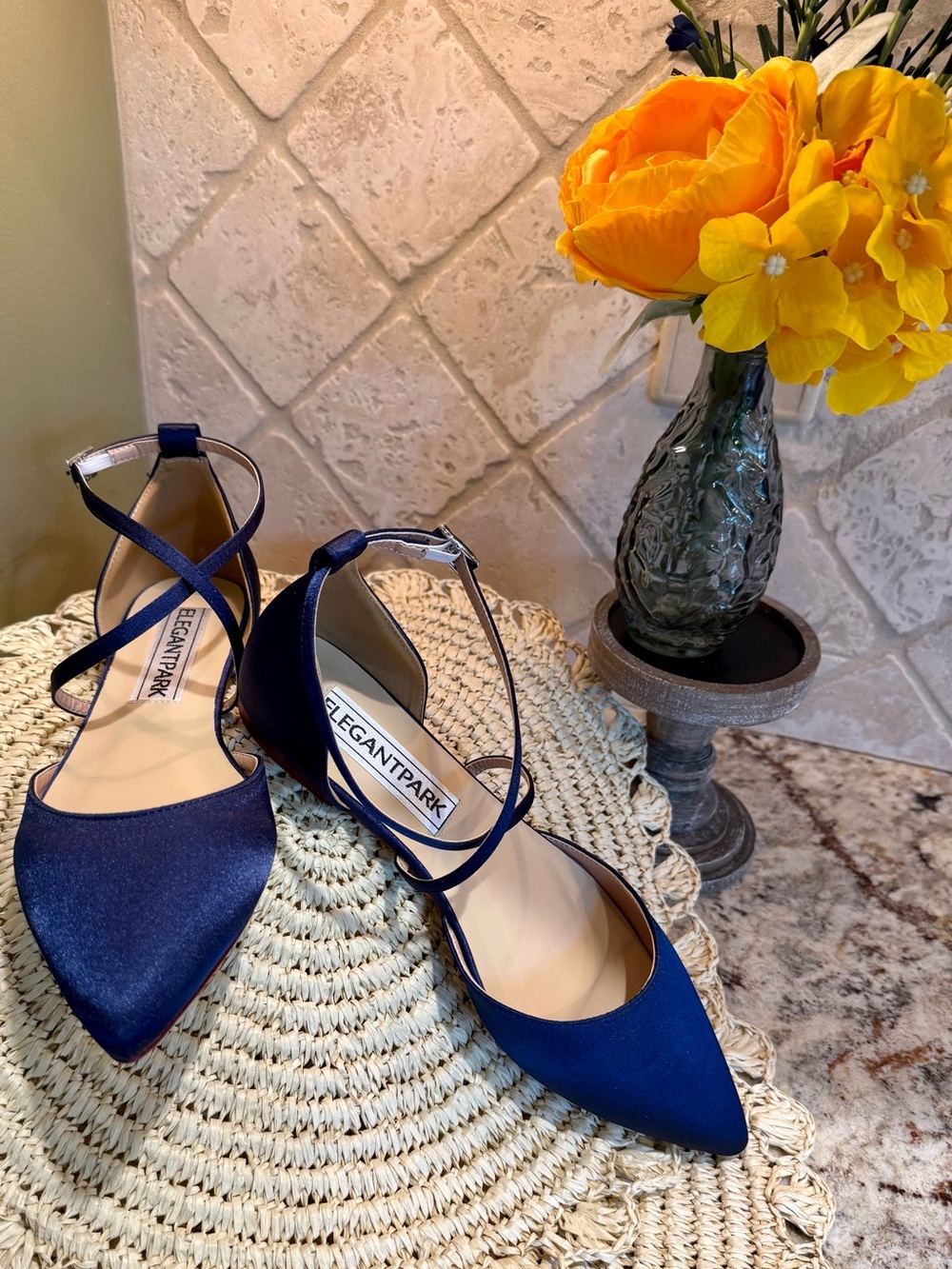 ElegantPark Women's Navy Satin Pointed-Toe Ankle-Strap Flats